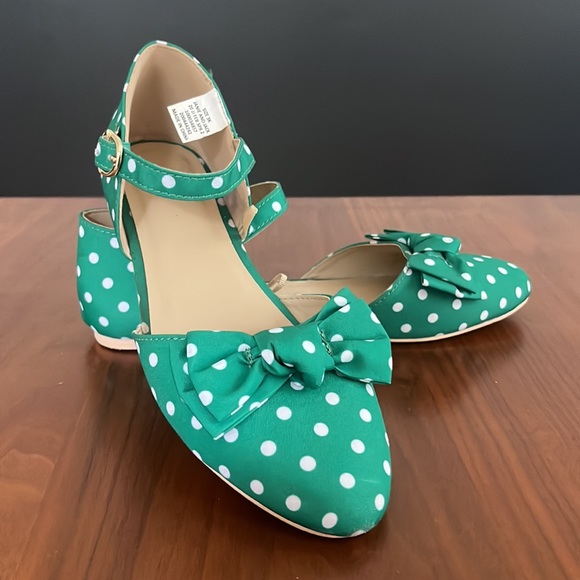 Janie and Jack, DOT BOW FLATS, green and white, size 3 - Picture 4 of 7